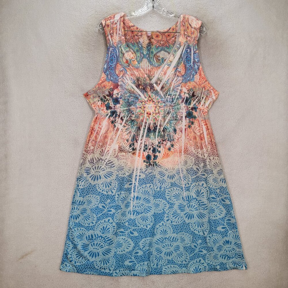 Y2K Kiara Blue Floral Jersey V Neck Stretch Geometric Colorful Vacation Sundress